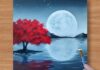 Red Tree | Black & White Painting | Full Moon Acrylic Painting for Beginners