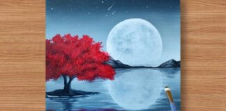 Red Tree | Black & White Painting | Full Moon Acrylic Painting for Beginners